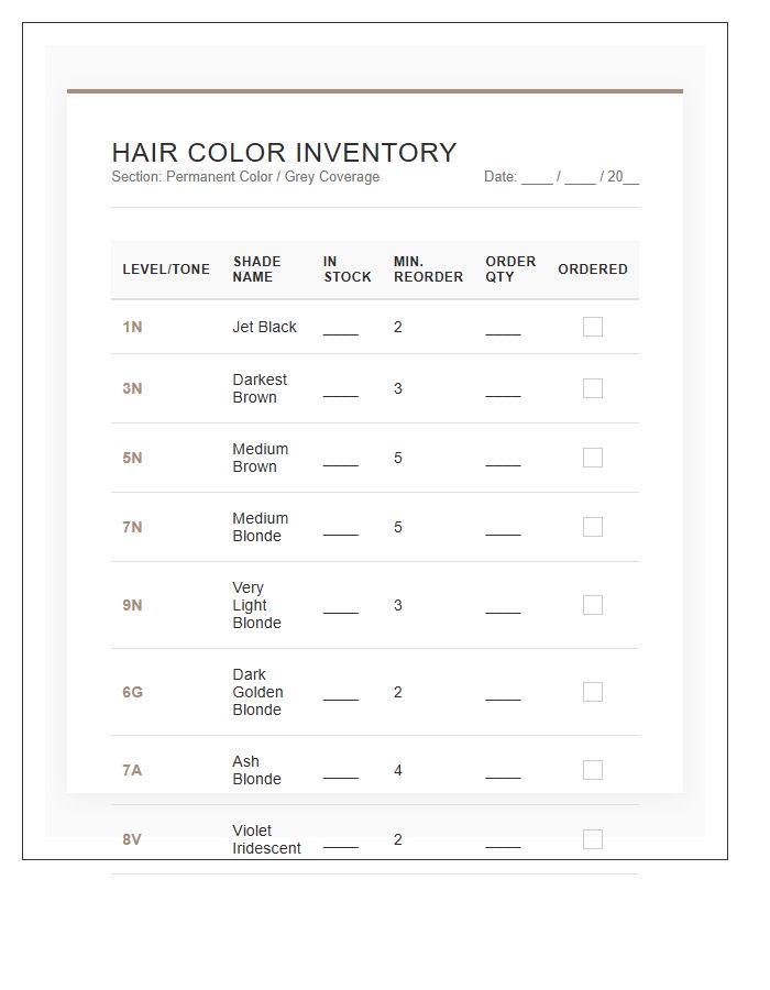 Salon Hair Color Stock Organization Printable Chart