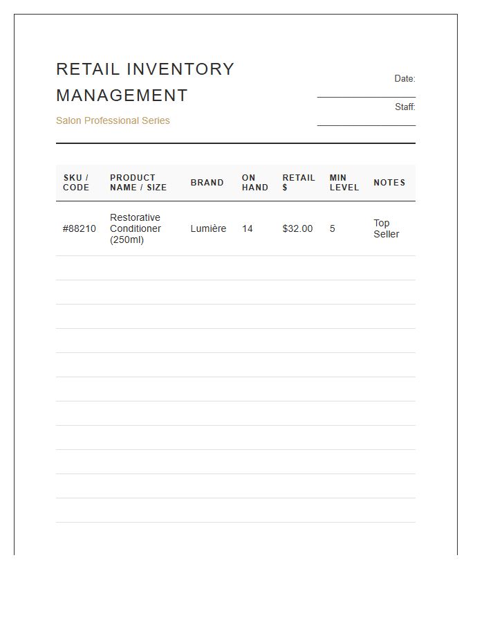 Salon Retail Product Management Printable Chart