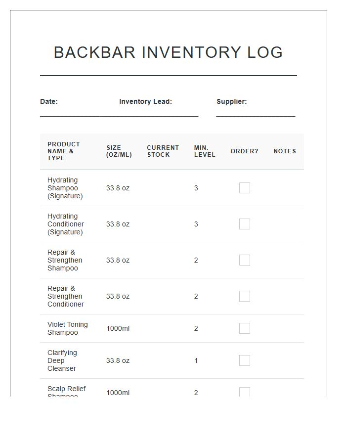 Salon Shampoo And Conditioner Supply Printable Chart
