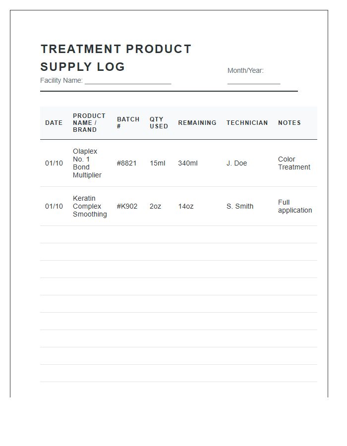 Salon Treatment Product Supply Log Printable Chart