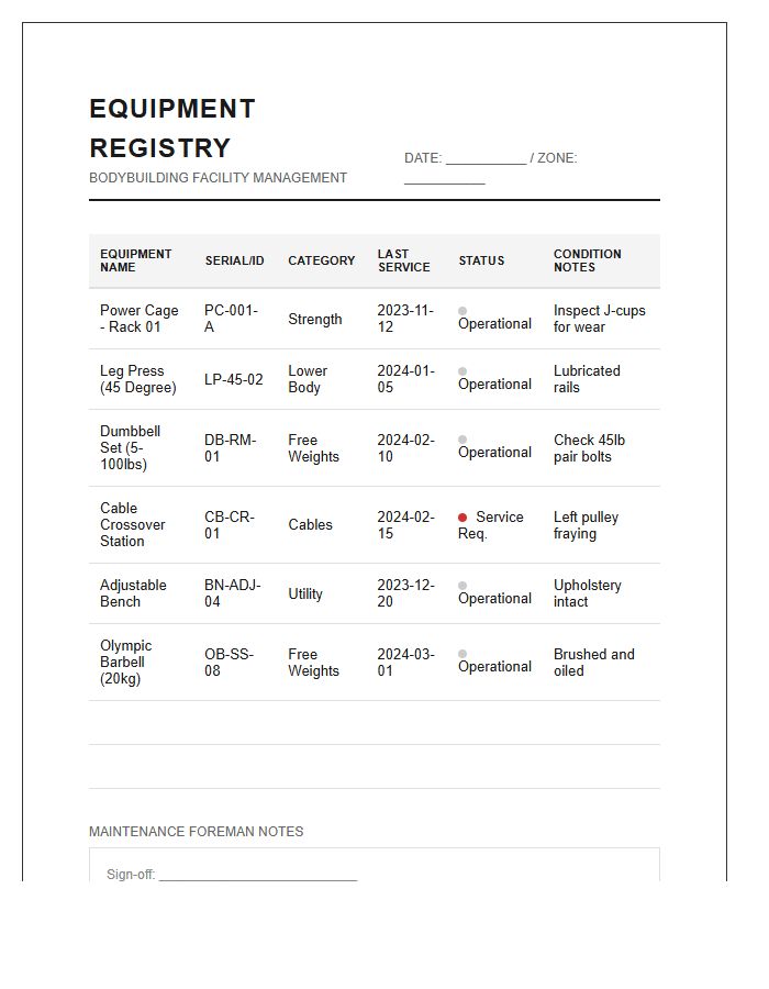 Bodybuilding Equipment Registry Printable Chart