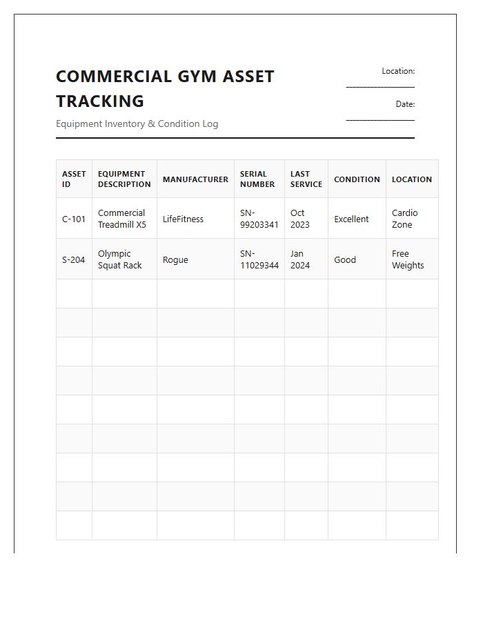Commercial Gym Asset Tracking Printable Chart