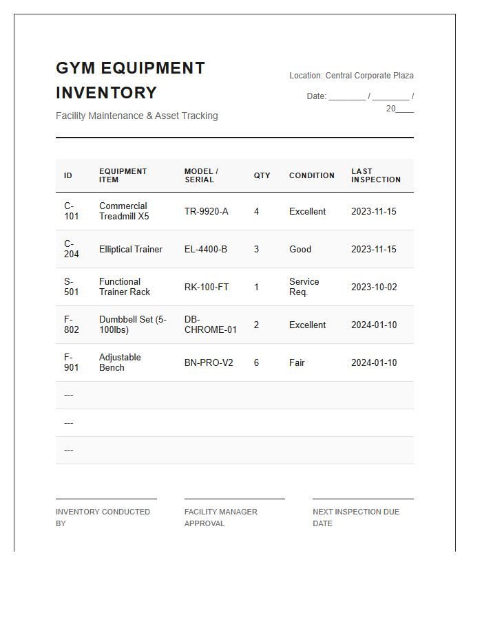 Corporate Gym Equipment Inventory Printable Chart