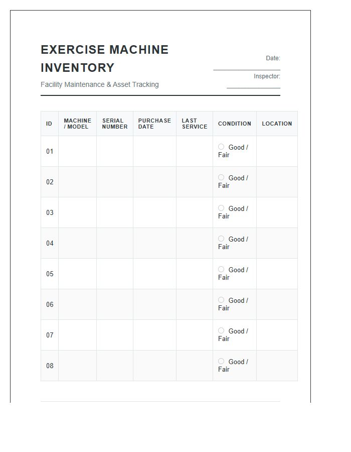 Exercise Machine Inventory Log Printable Chart