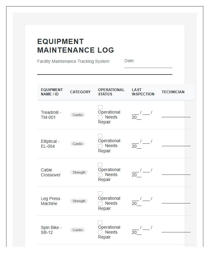 Fitness Equipment Status Tracking Printable Chart