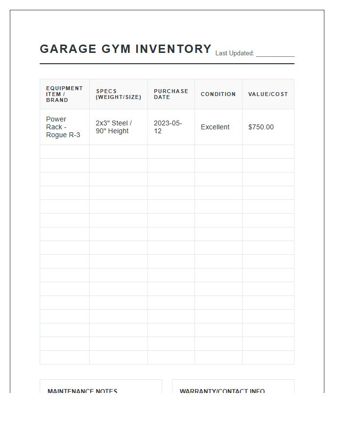 Garage Gym Equipment Record Printable Chart