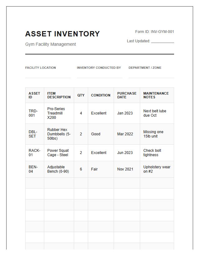 Gym Facility Asset Inventory Printable Chart