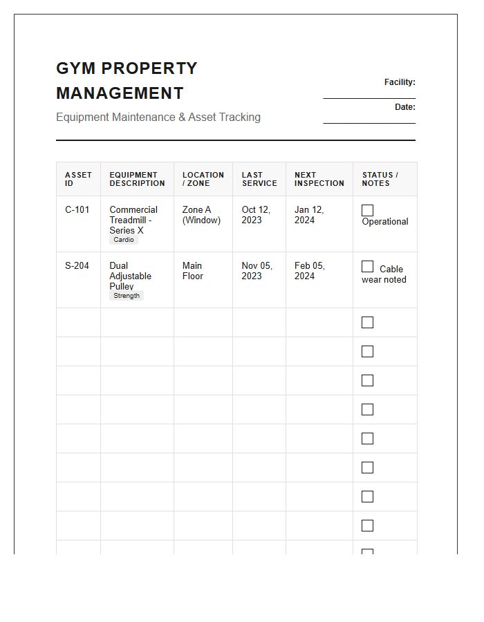 Gym Property Management Printable Chart