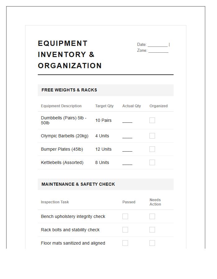 Gym Weight Room Organization Printable Chart