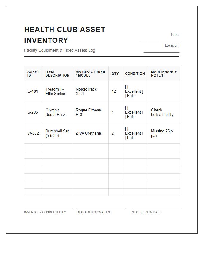Health Club Asset Inventory Printable Chart