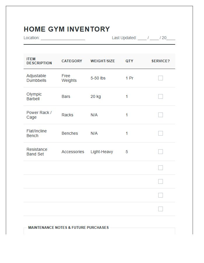 Home Gym Equipment Inventory Printable Chart