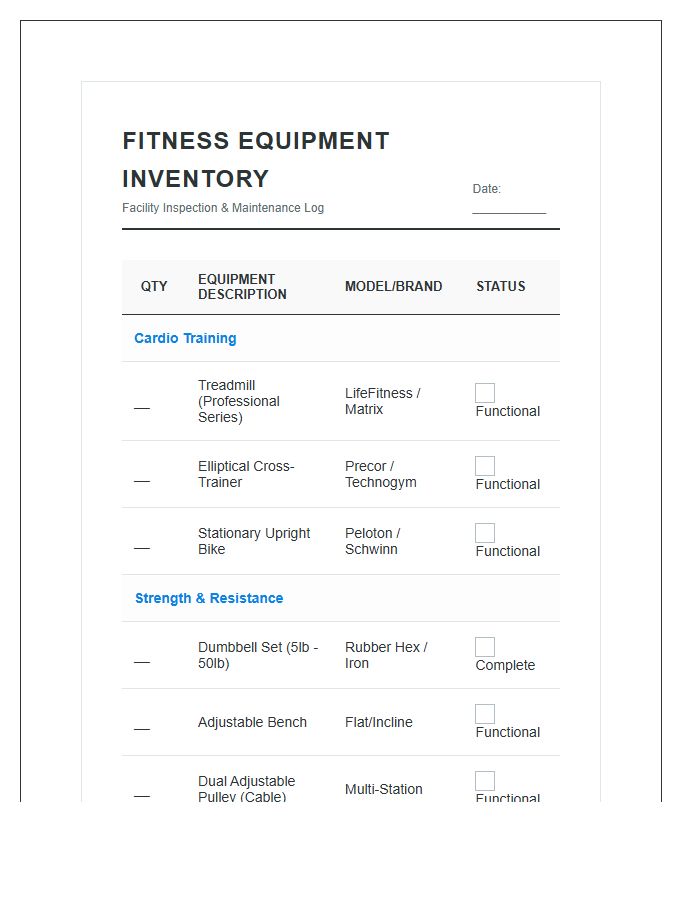 Hotel Fitness Center Equipment Printable Chart