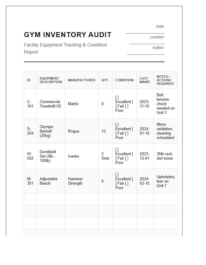 Professional Gym Inventory Management Printable Chart