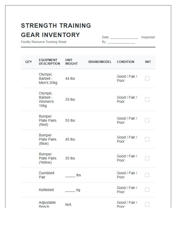 Strength Training Gear Inventory Printable Chart