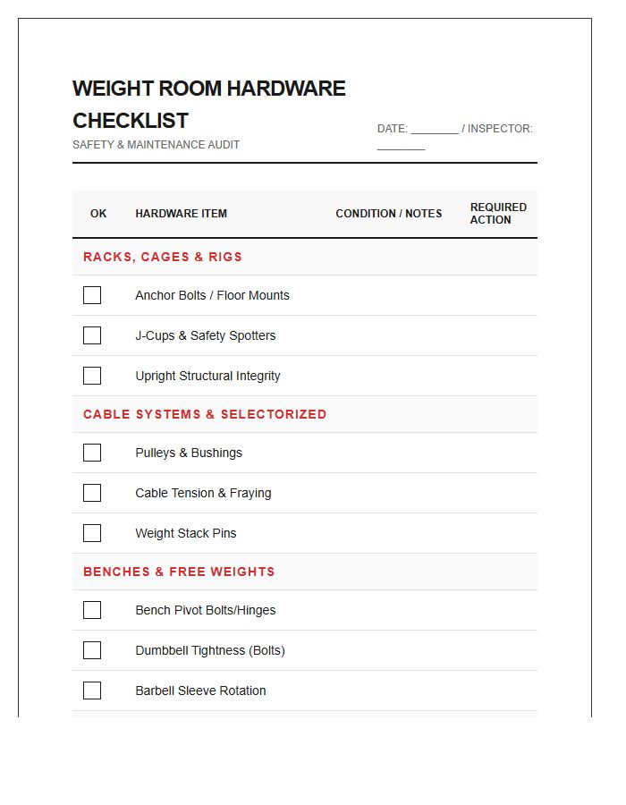 Weight Room Hardware Checklist Printable Chart