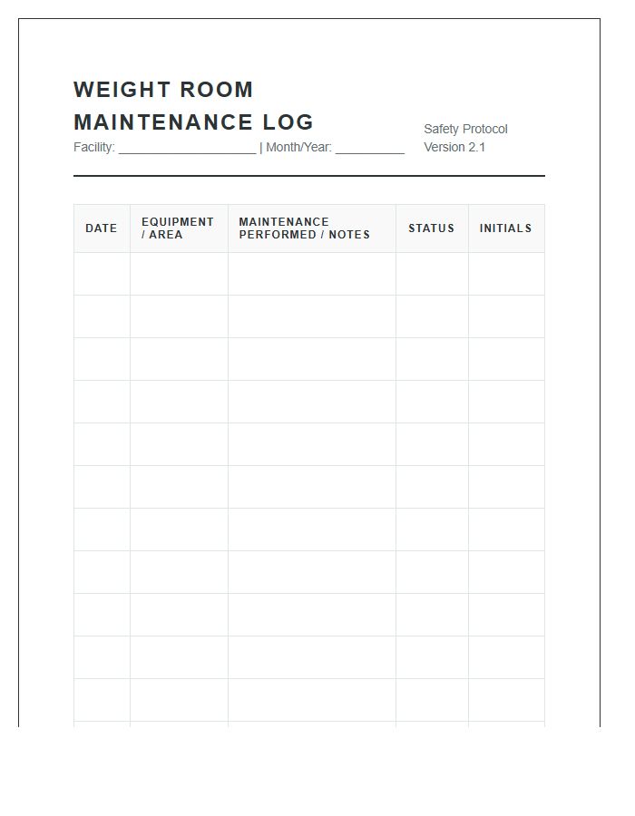 Weight Room Maintenance Log Printable Chart