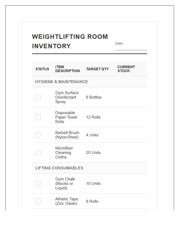 Weightlifting Room Supplies Printable Chart