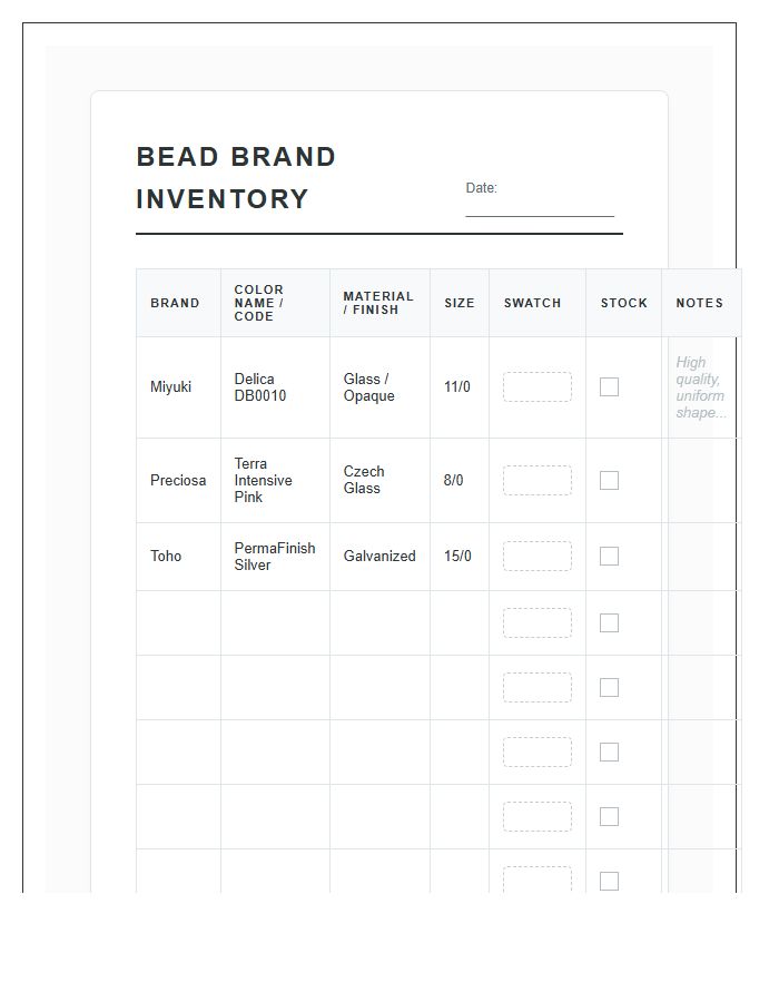 Bead Brand Tracking Printable Chart