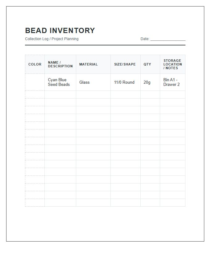 Bead Collection Management Printable Chart