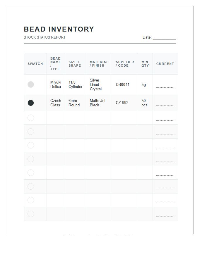 Bead Stock Management Printable Chart
