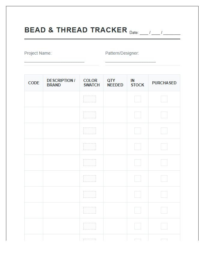 Bead Thread Tracking Printable Chart