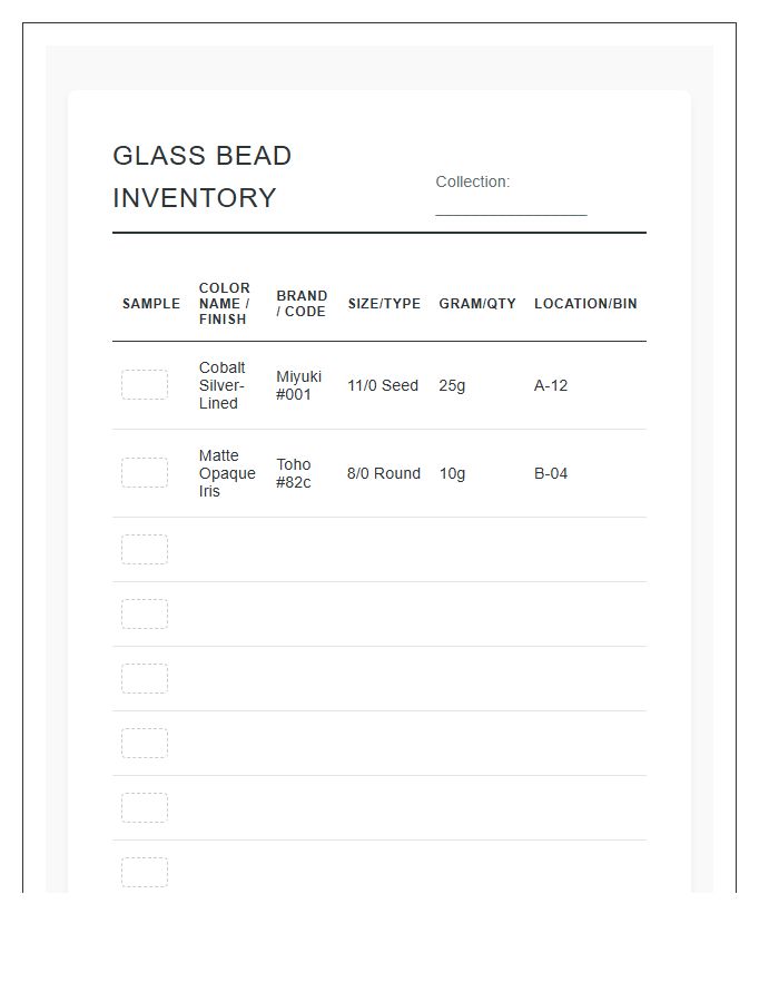 Glass Bead Storage Printable Chart