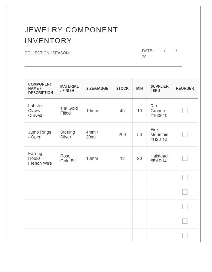 Jewelry Component Inventory Printable Chart