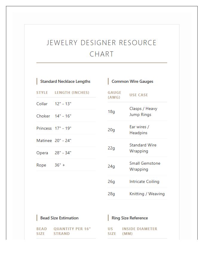 Jewelry Designer Resource Printable Chart