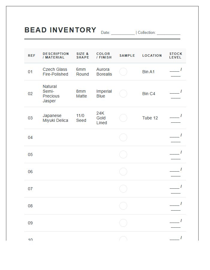 Jewelry Maker Bead Inventory Printable Chart