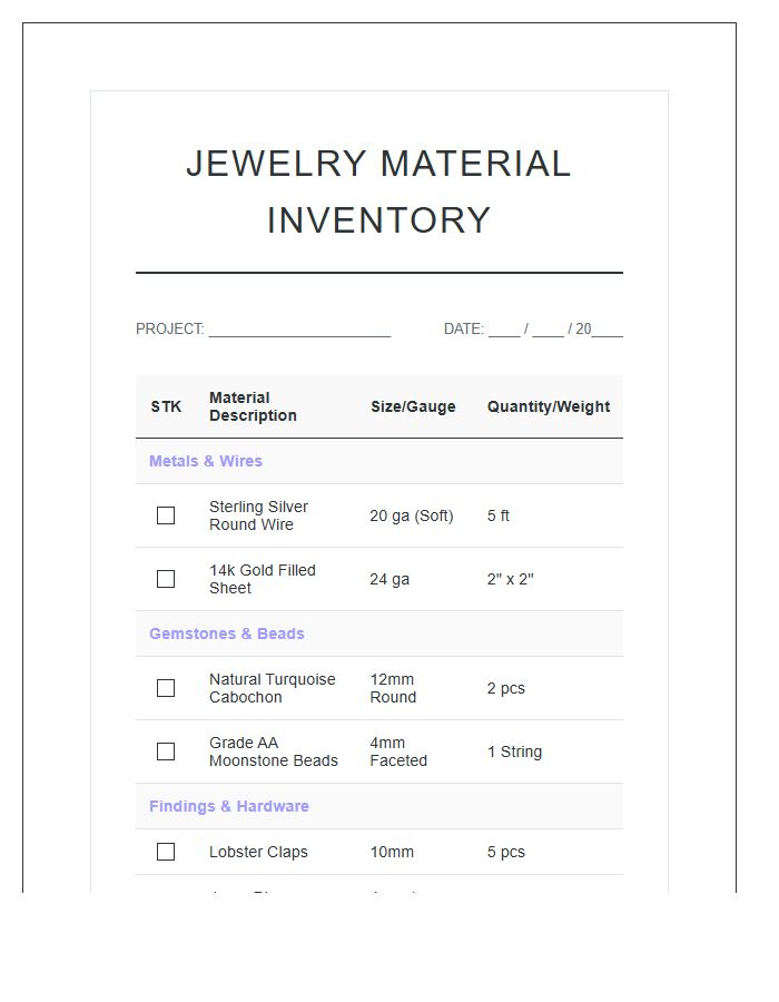 Jewelry Making Material Printable Chart