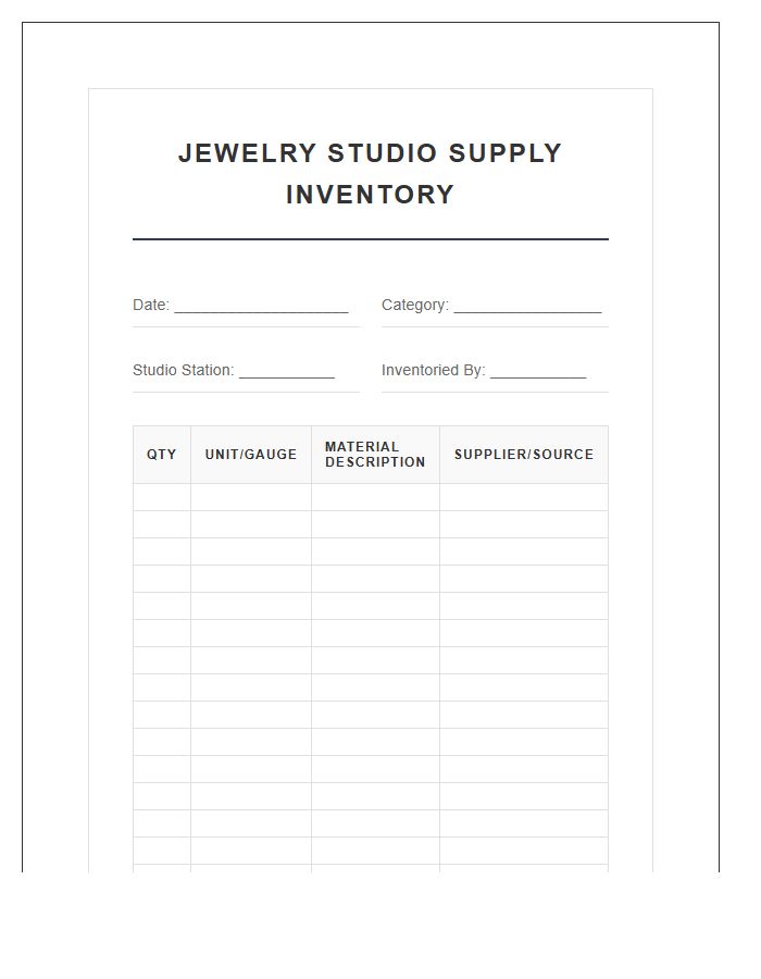 Jewelry Studio Supply Printable Chart