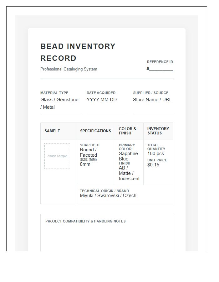 Professional Bead Cataloging Printable Chart