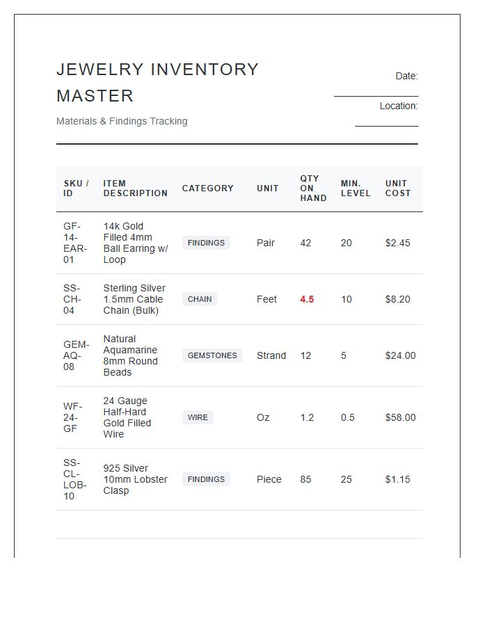 Professional Jewelry Supply Inventory Printable Chart