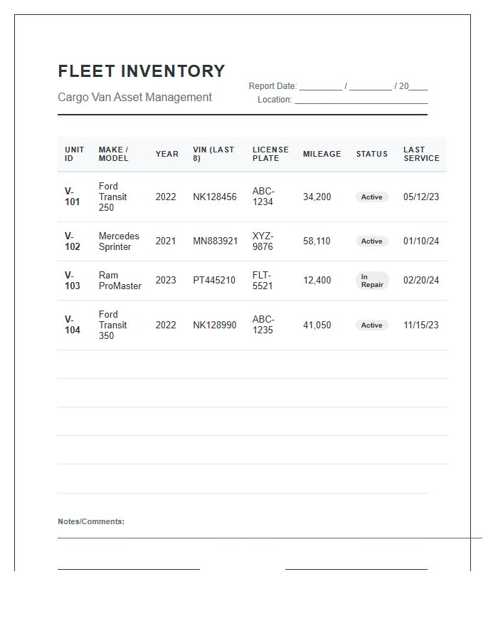 Cargo Van Fleet Inventory Printable Chart