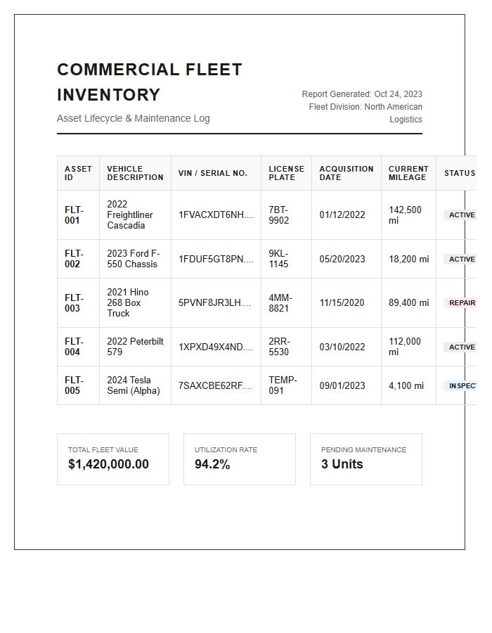 Commercial Fleet Asset Management Printable Chart