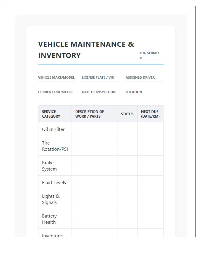 Company Vehicle Maintenance And Inventory Printable Chart