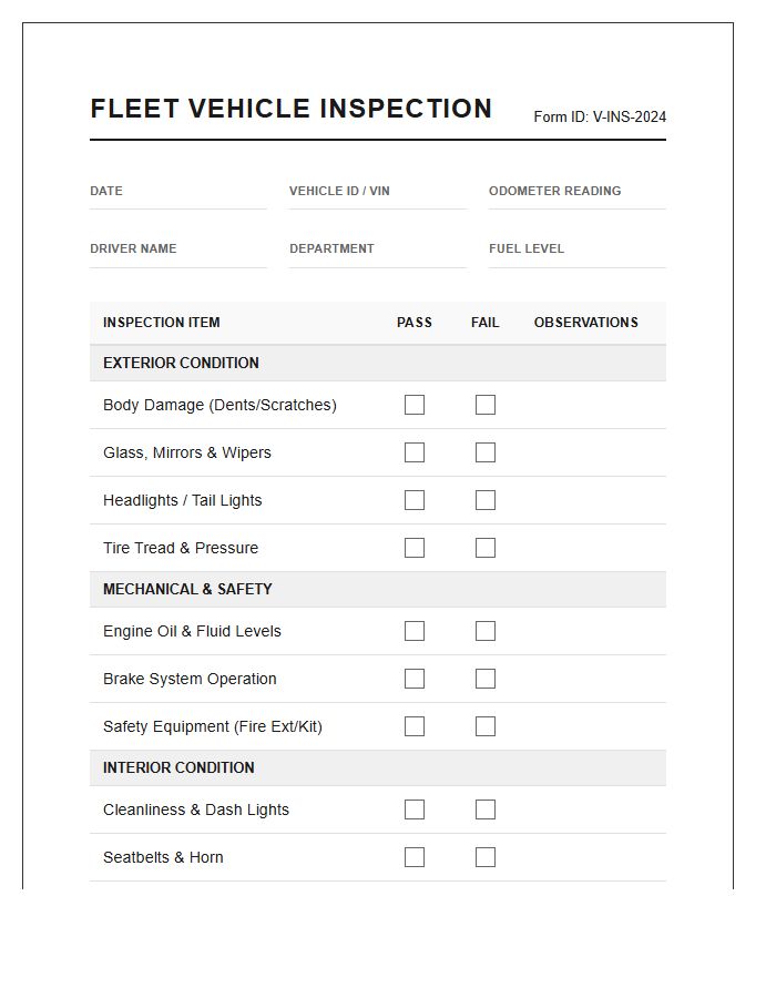 Corporate Fleet Vehicle Inspection Printable Chart