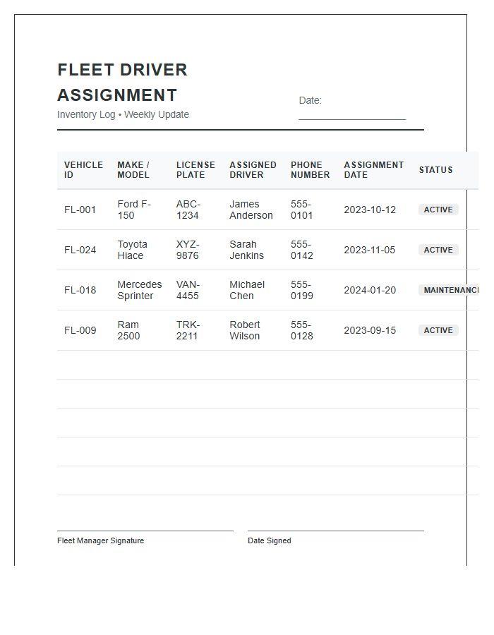 Fleet Driver Assignment Inventory Printable Chart
