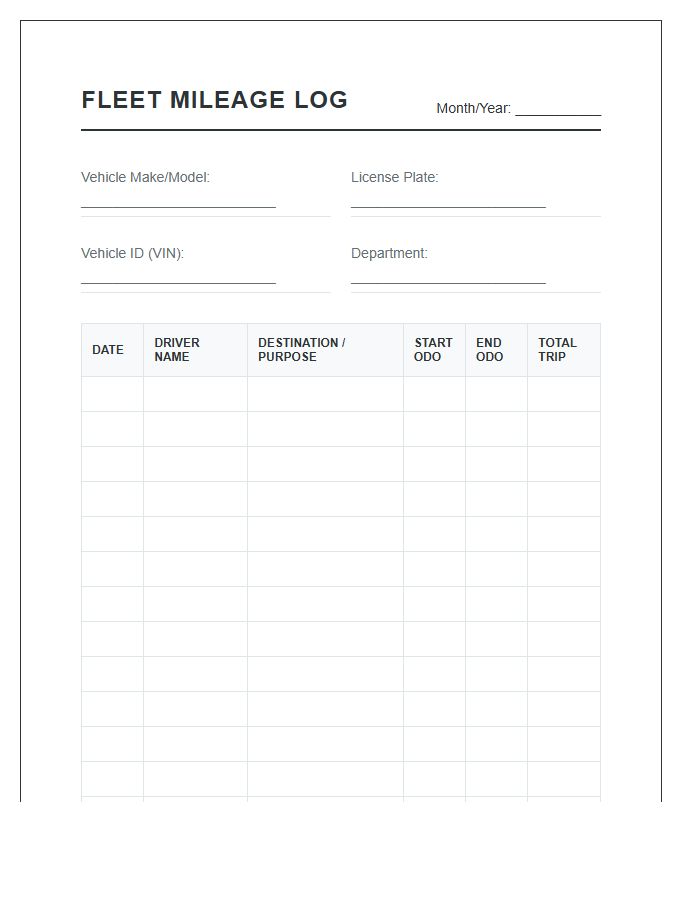 Fleet Vehicle Mileage Tracking Printable Chart