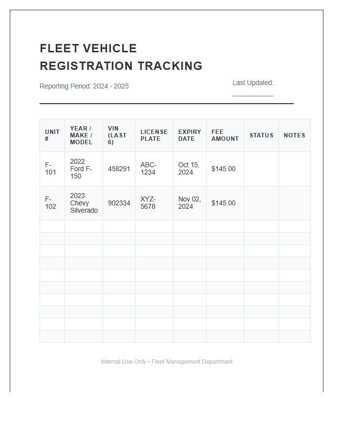Fleet Vehicle Registration Tracking Printable Chart