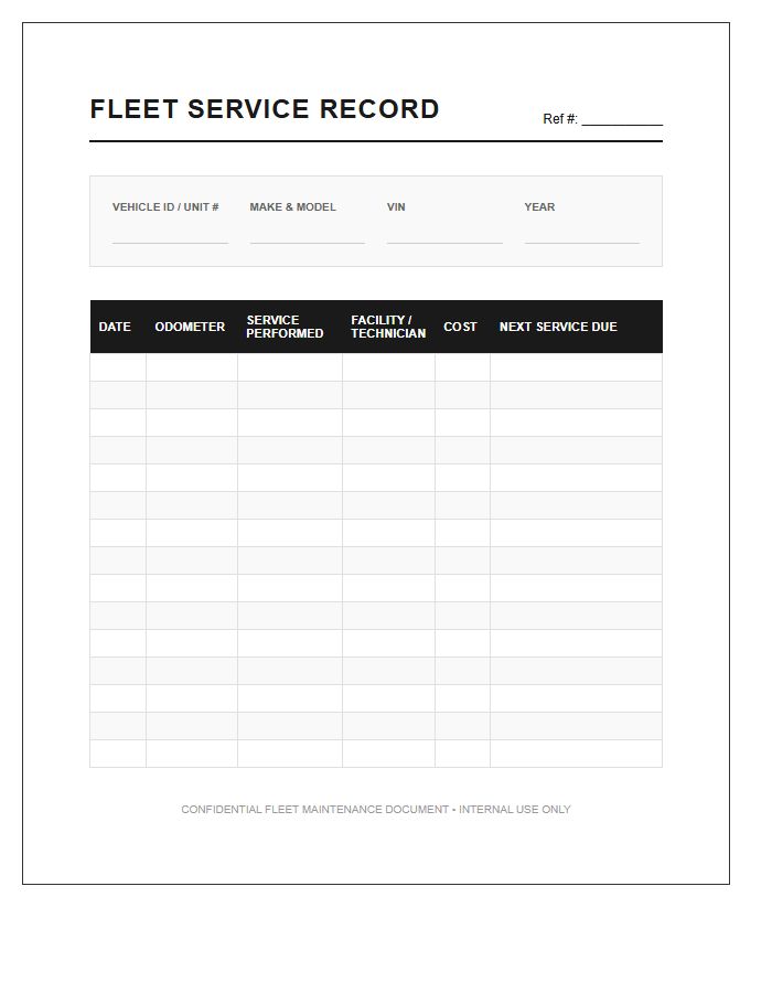 Fleet Vehicle Service Record Printable Chart