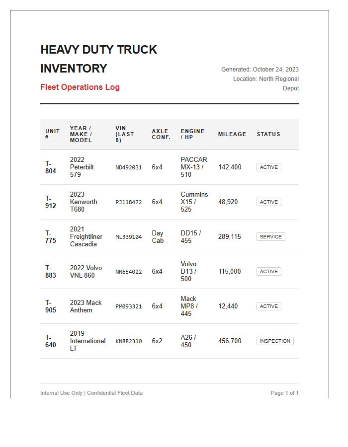 Heavy Duty Truck Inventory Printable Chart