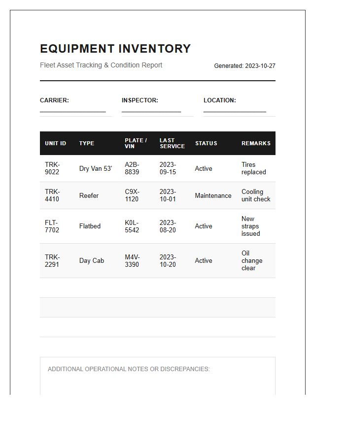 Logistics Carrier Equipment Inventory Printable Chart