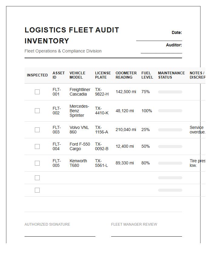 Logistics Fleet Audit Inventory Printable Chart