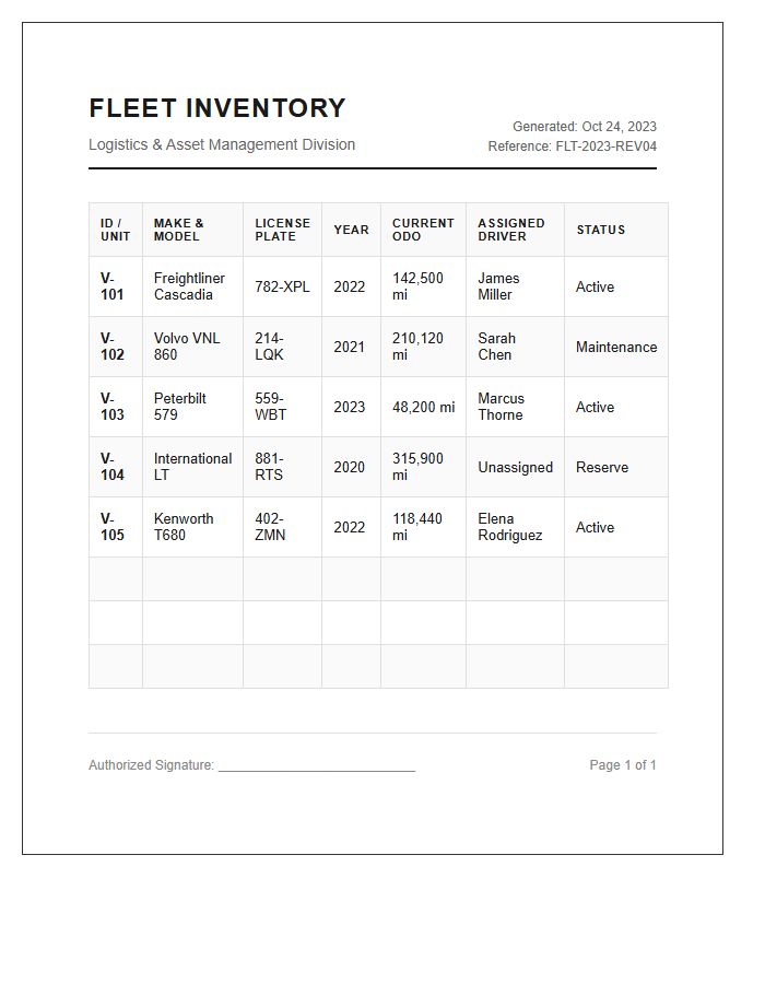 Logistics Fleet Vehicle Inventory Printable Chart