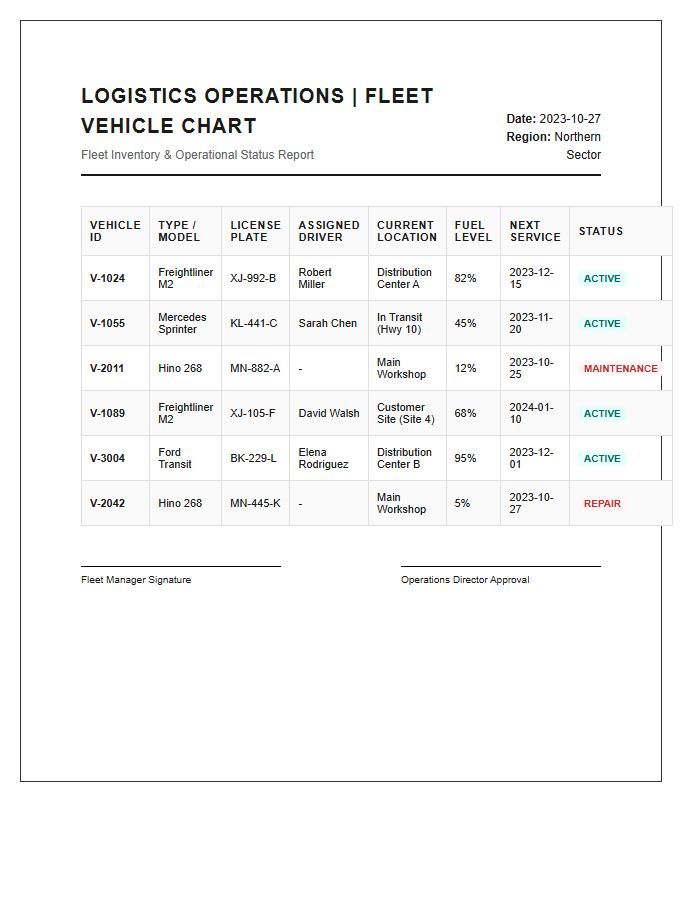 Logistics Operations Fleet Vehicle Printable Chart