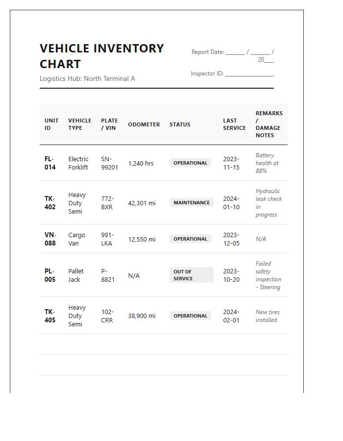 Logistics Warehouse Vehicle Inventory Printable Chart