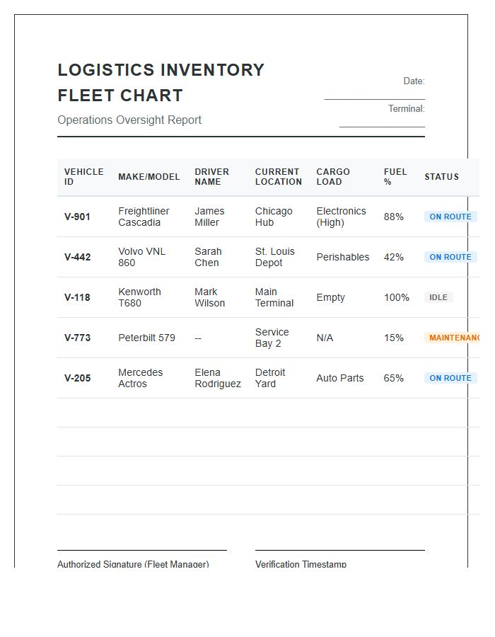 Multi Vehicle Logistics Inventory Printable Chart