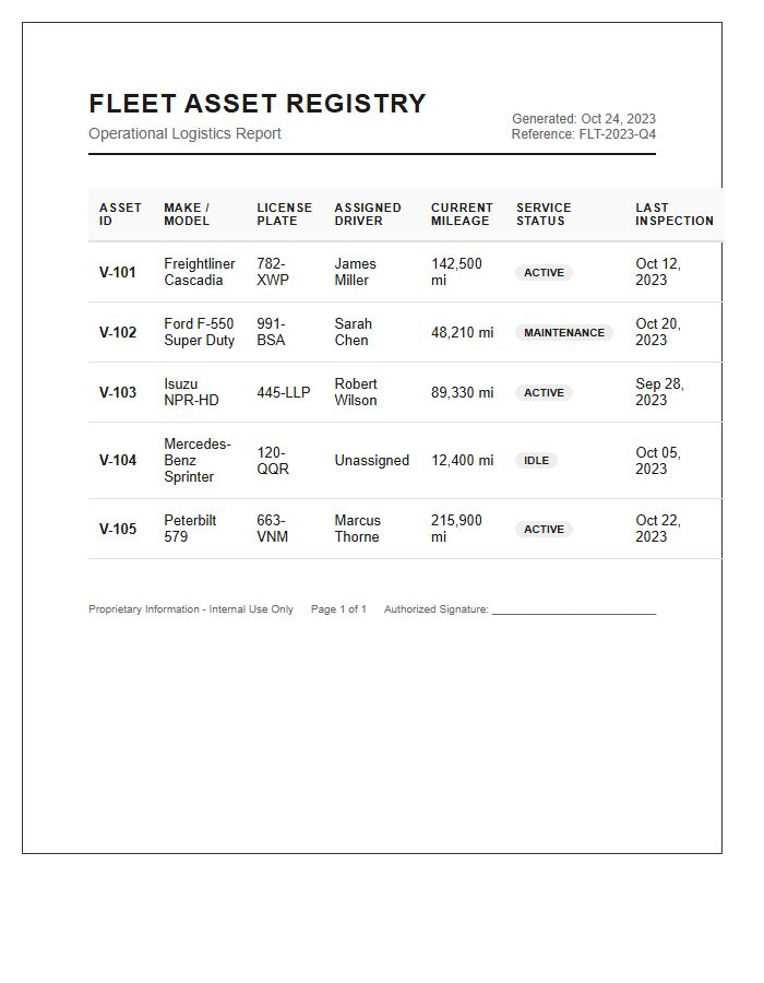 Professional Fleet Asset Tracking Printable Chart