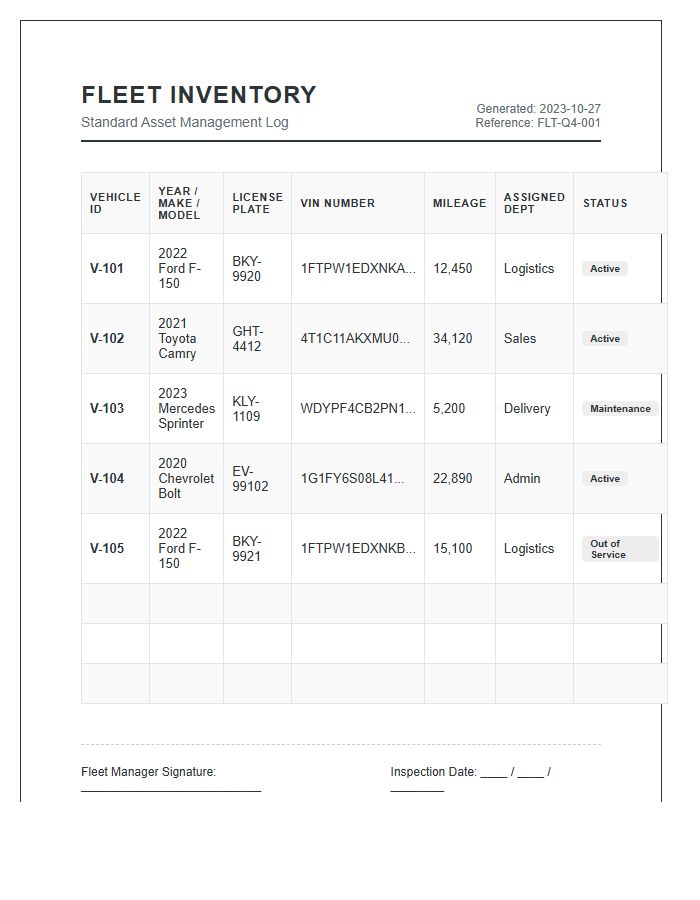 Standard Fleet Vehicle Inventory Printable Chart